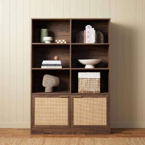 Soren Rattan Slim Bookcase - Walnut-Large