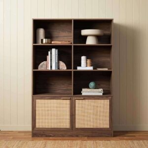 Soren Rattan Slim Bookcase - Walnut-Large